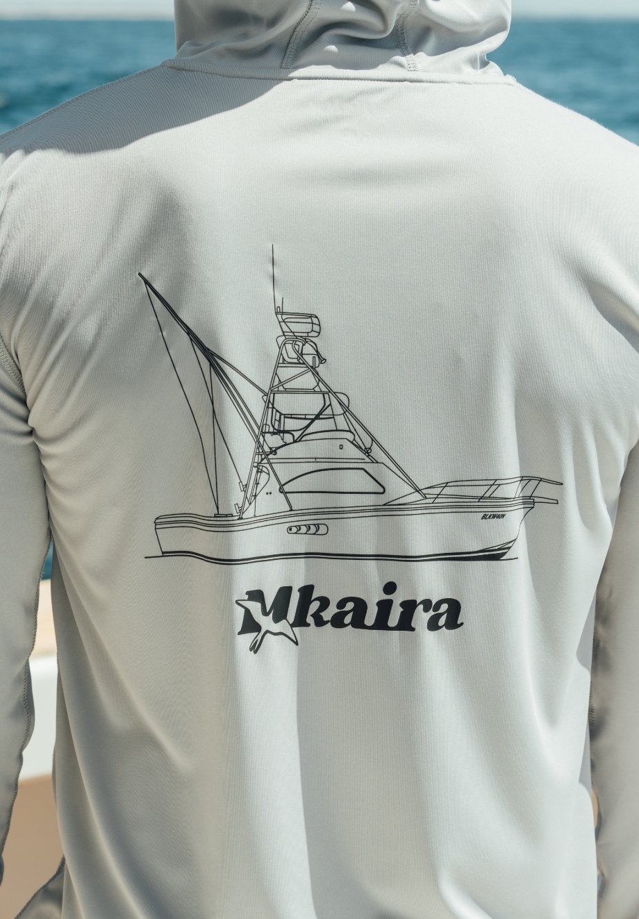 Hooded premium custom gamefishing shirt with boat redraw