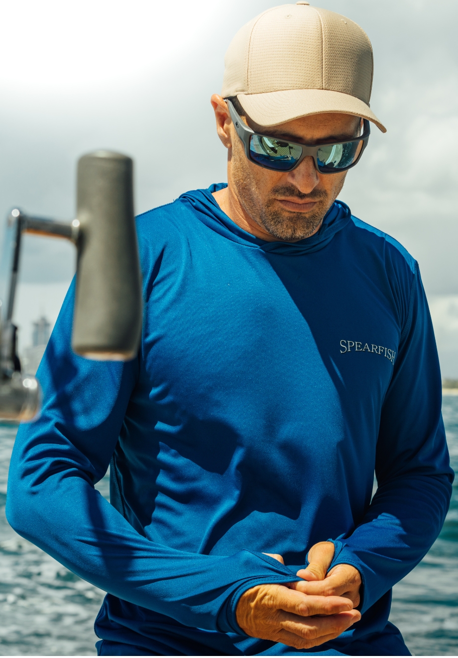 Royal blue custom gamefishing shirt with performance hood