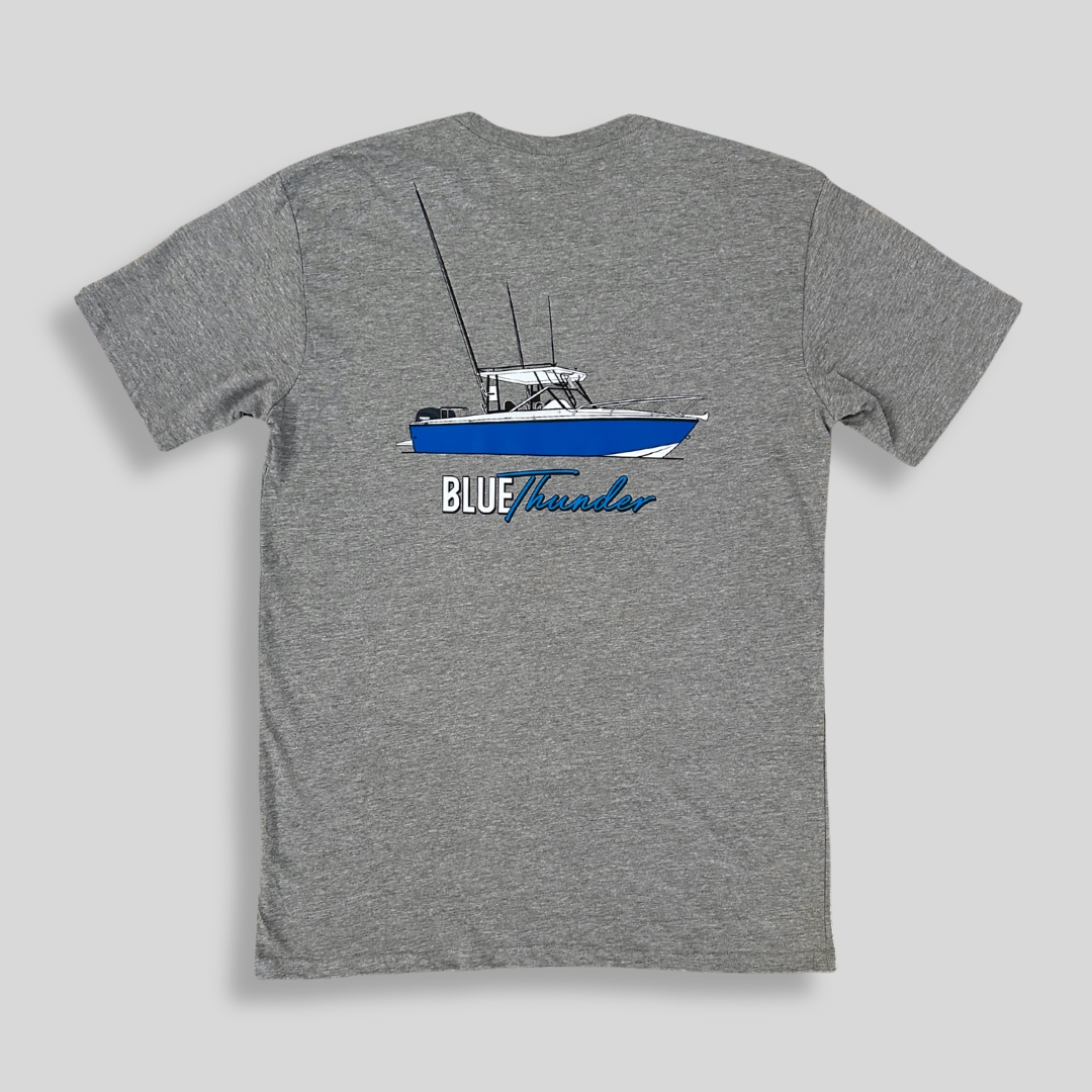 Mkaira custom cotton fishing shirt featuring a Blue Thunder boat redraw printed on the back of a premium crew shirt.