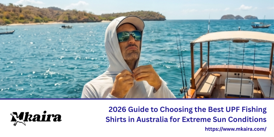 Crew in custom UPF fishing shirts in Australia on a boat during harsh Australian sunlight