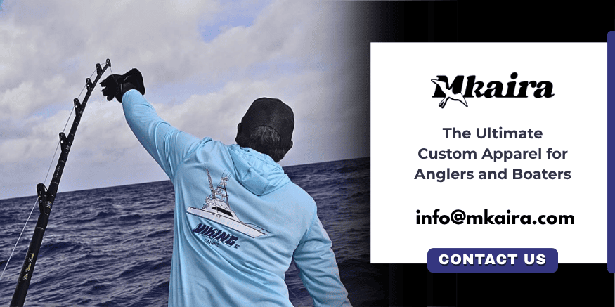 Custom fishing shirts in Brisbane by Mkaira, Contact our team for personalised crew apparel